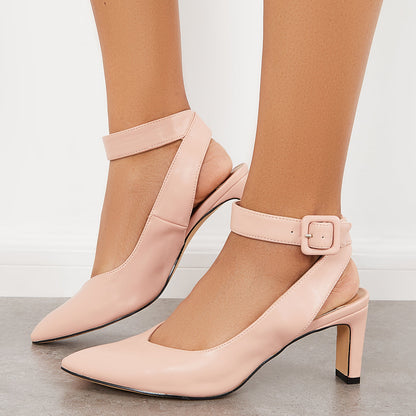 Slingback Chunky Heel Pumps Pointed Toe Ankle Strap Sandals