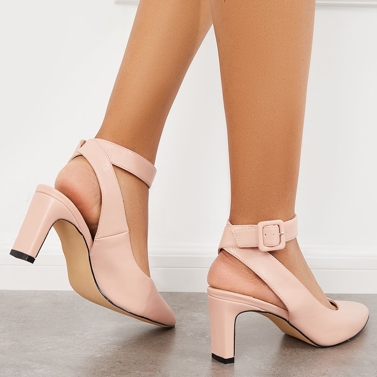 Slingback Chunky Heel Pumps Pointed Toe Ankle Strap Sandals