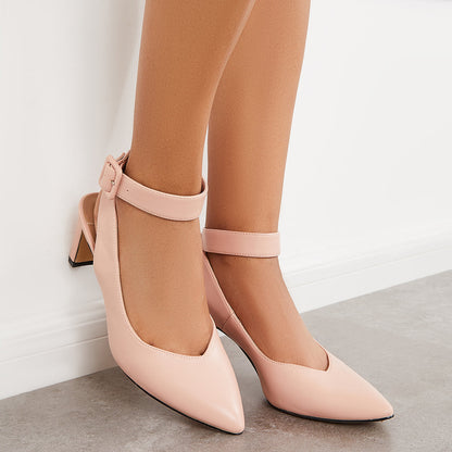 Slingback Chunky Heel Pumps Pointed Toe Ankle Strap Sandals