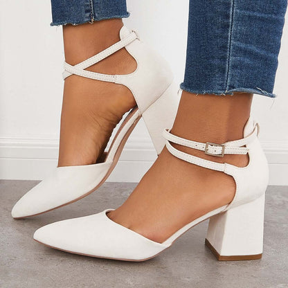 Women Chunky Block Sandals Low Heel Pumps Pointed Toe Ankle Strap Square Heels