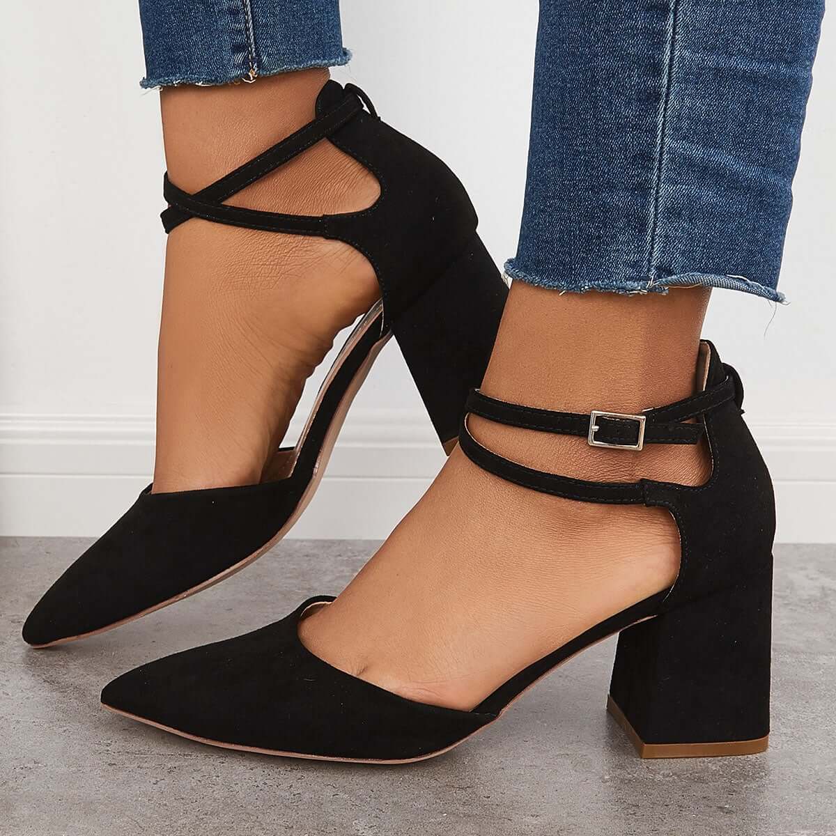 Women Chunky Block Sandals Low Heel Pumps Pointed Toe Ankle Strap Square Heels