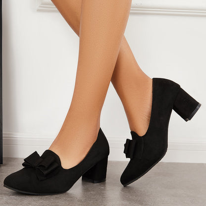 Suede Block Heel Pumps Bowknot Round Toe Slip on Dress Shoes