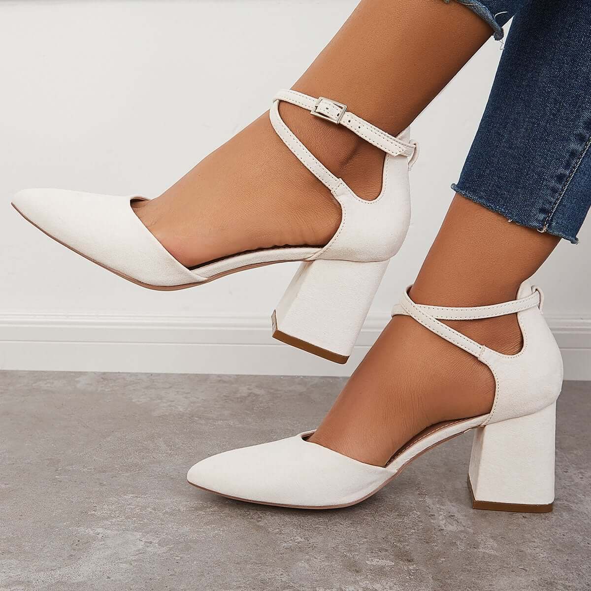 Women Chunky Block Sandals Low Heel Pumps Pointed Toe Ankle Strap Square Heels