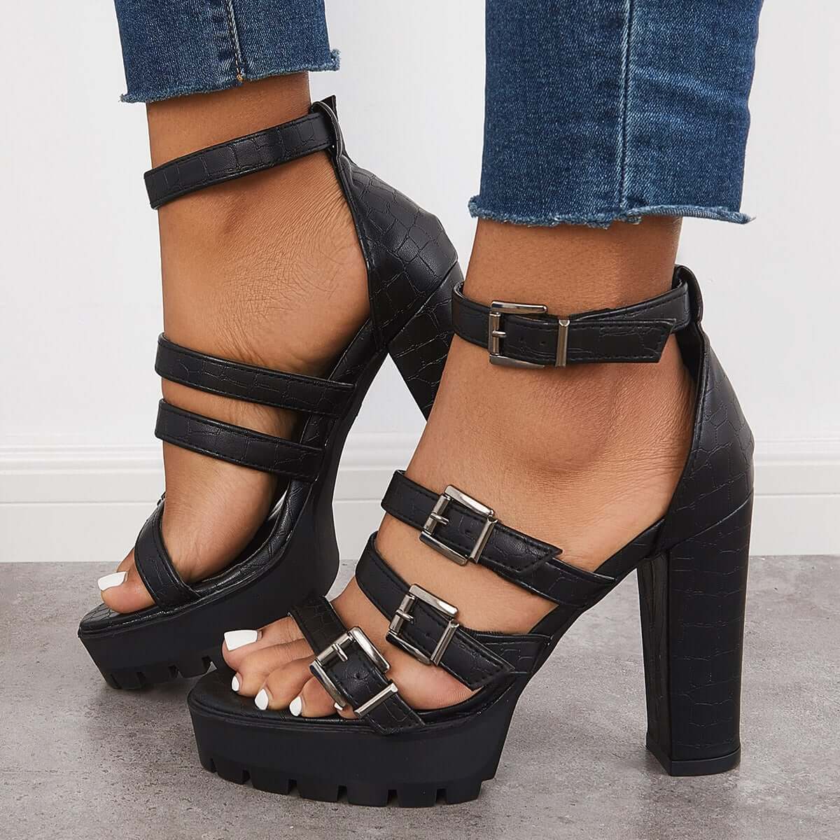 Women Black Wedding Heels Chunky Block Heels Buckle Strappy Dress Sandals