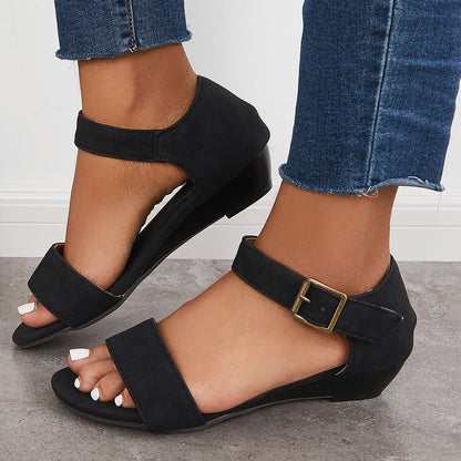 Women Black Sandals Open Toe Low Heels Wedge Ankle Strap Sandals