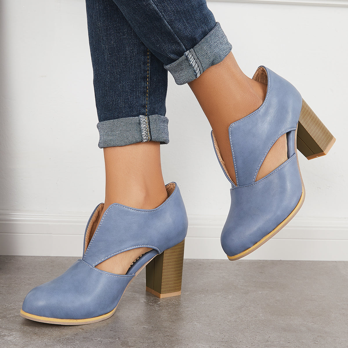 Round Toe V Cut Block Chunky Stacked Heel Pumps