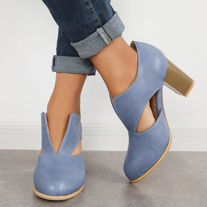 Round Toe V Cut Block Chunky Stacked Heel Pumps