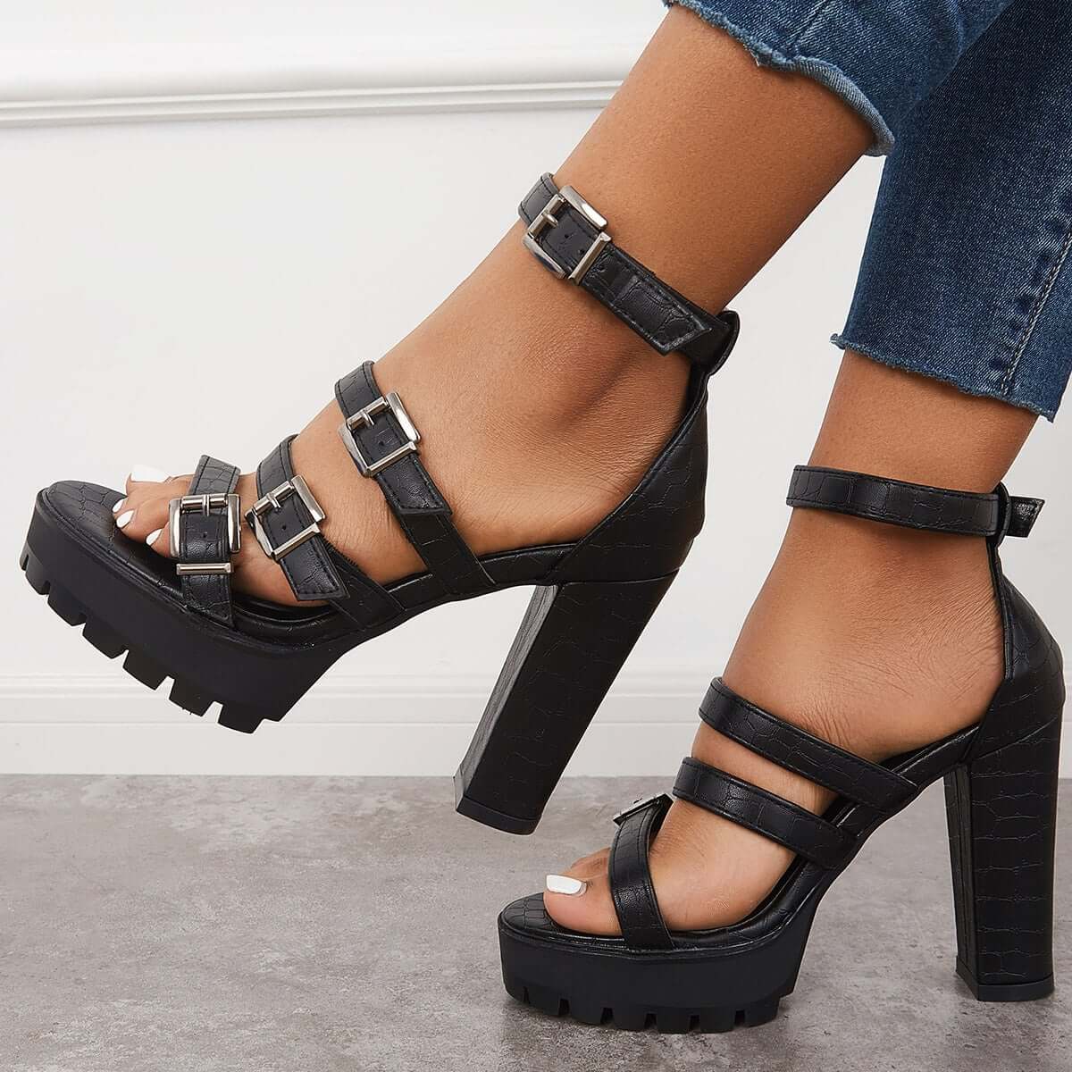 Women Black Wedding Heels Chunky Block Heels Buckle Strappy Dress Sandals