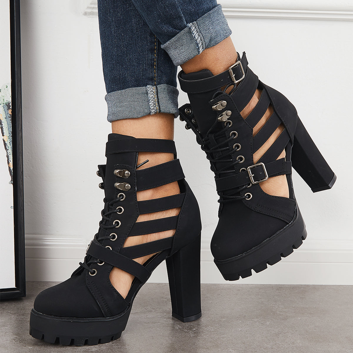 Imilybela Black Platform Chunky High Heels Ankle Strap Sandals