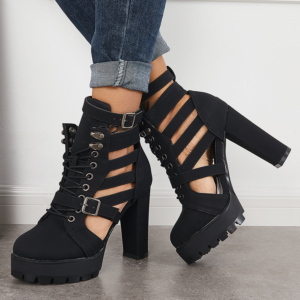 Imilybela Black Platform Chunky High Heels Ankle Strap Sandals