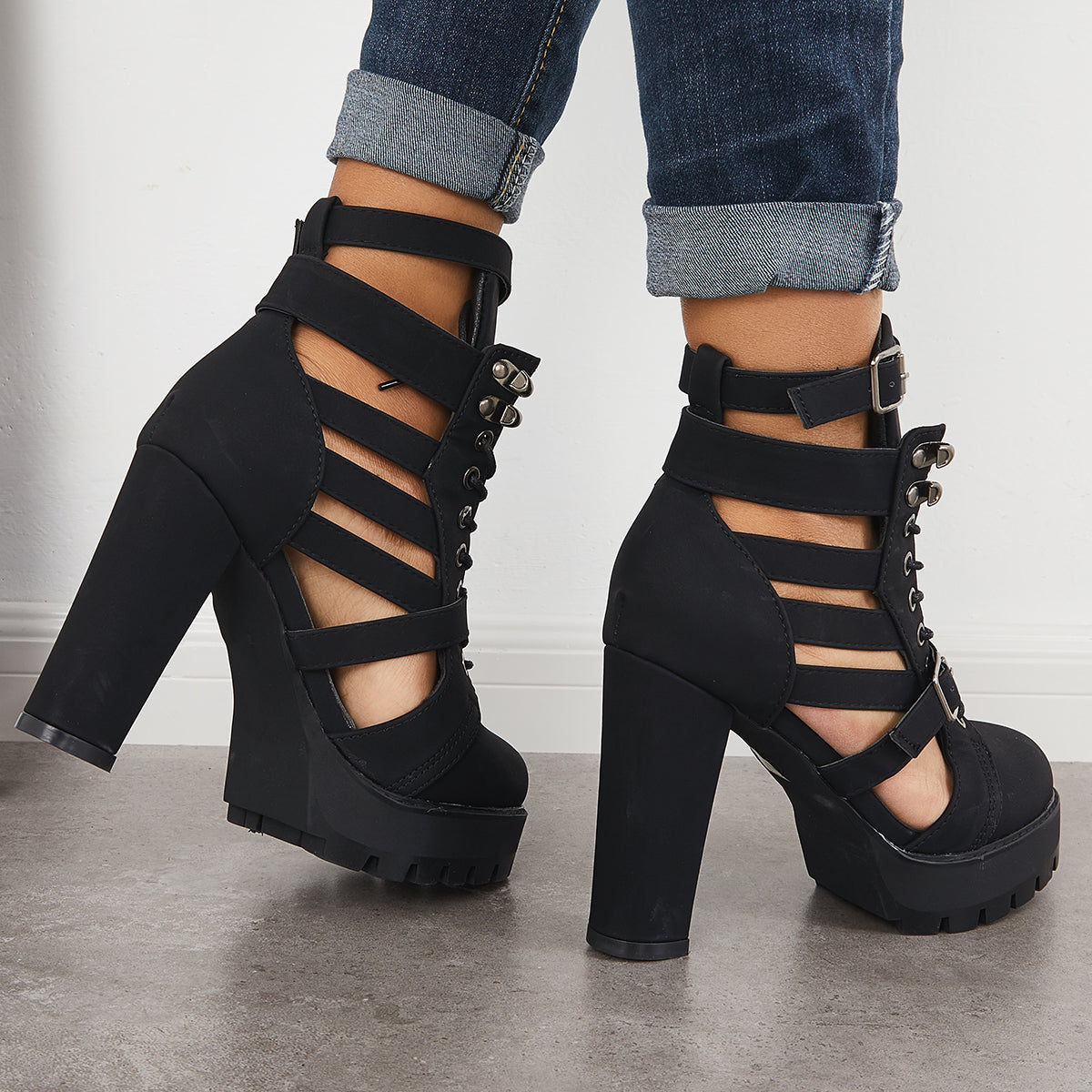 Imilybela Black Platform Chunky High Heels Ankle Strap Sandals