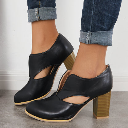 Round Toe V Cut Block Chunky Stacked Heel Pumps