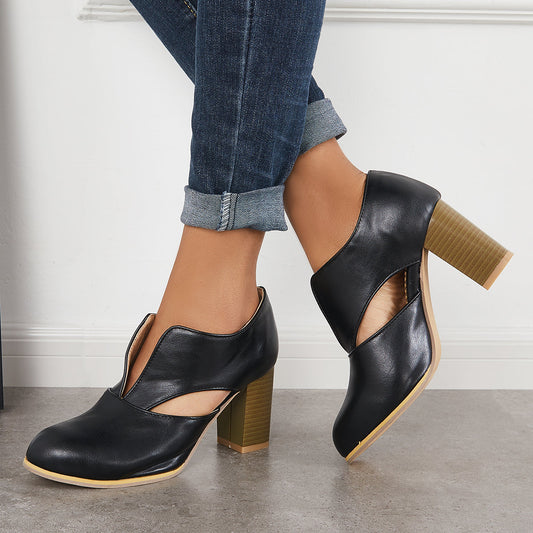 Round Toe V Cut Block Chunky Stacked Heel Pumps