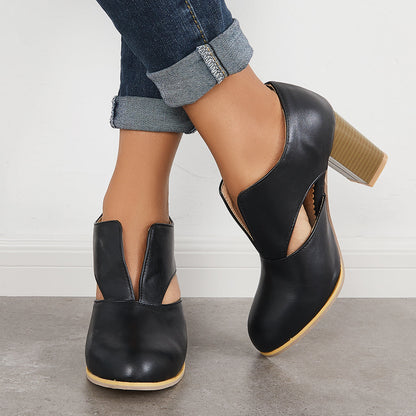 Round Toe V Cut Block Chunky Stacked Heel Pumps