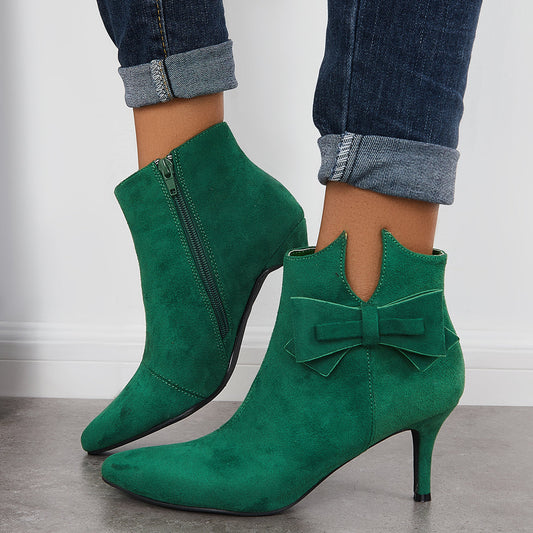 Women Fashion Sexy Ankle Boots Pointy Toe Bow Stiletto Heeled Booties