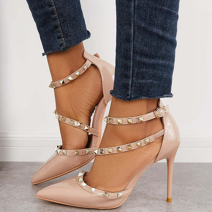 Rockstud Pointed Toe High Heels Ankle Strap Stilettos Dress Pumps