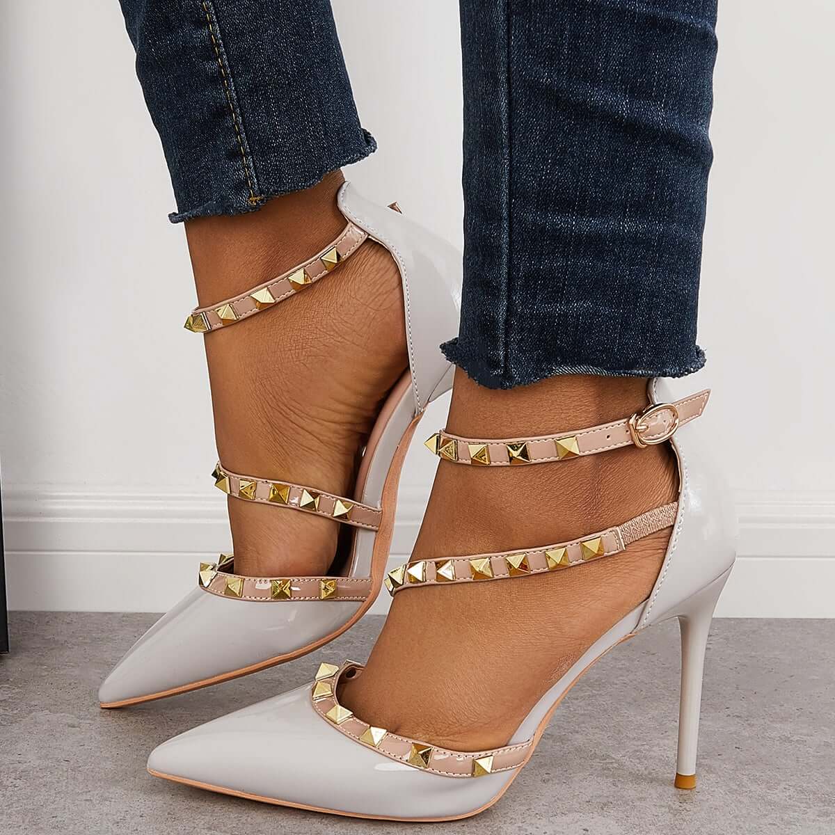 Rockstud Pointed Toe High Heels Ankle Strap Stilettos Dress Pumps