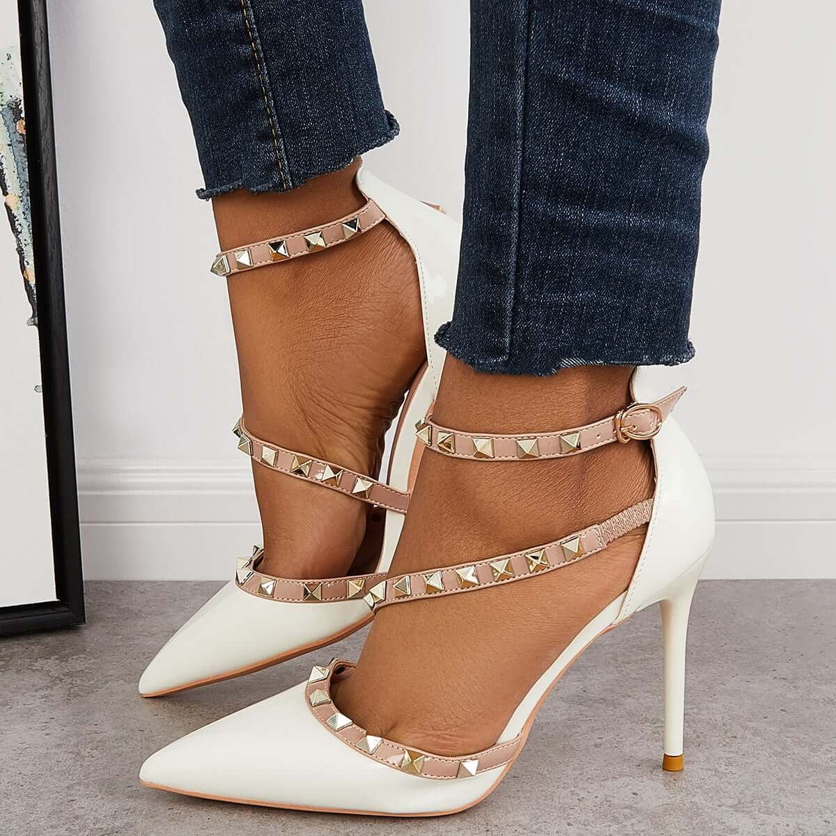 Rockstud Pointed Toe High Heels Ankle Strap Stilettos Dress Pumps