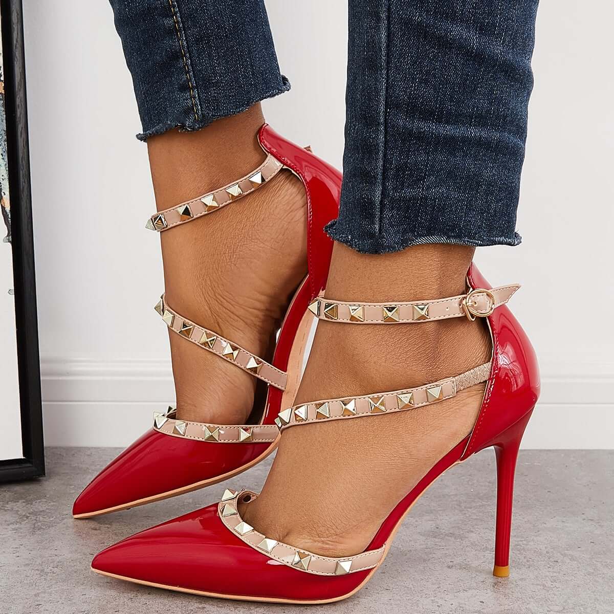 Rockstud Pointed Toe High Heels Ankle Strap Stilettos Dress Pumps