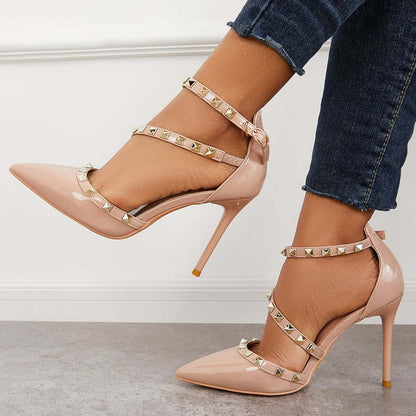 Rockstud Pointed Toe High Heels Ankle Strap Stilettos Dress Pumps