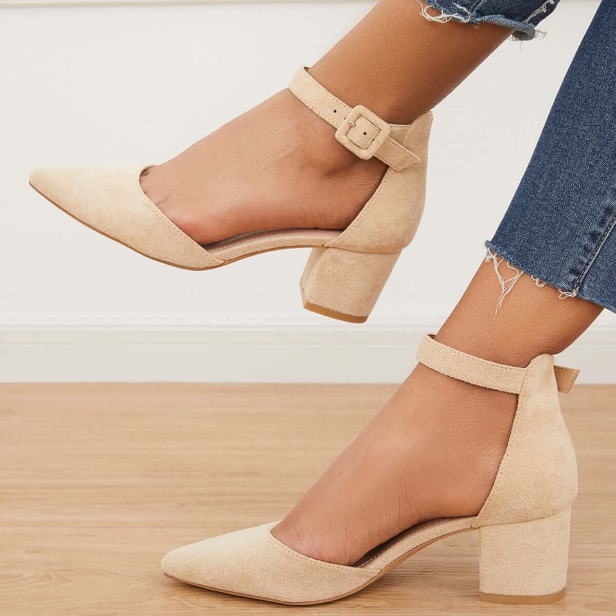 Pointed Toe Ankle Strap Pumps Chunky Block Heel Dress Shoes