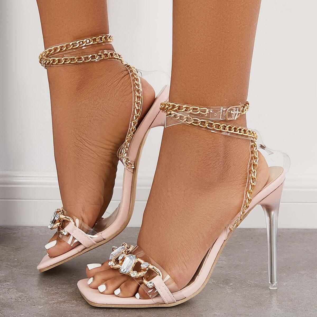 Women Crystal Chain Strap Wedding Heels Stiletto High Heels Dress Sandals Imilybela