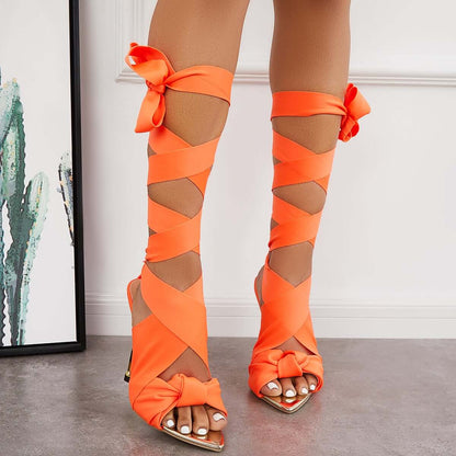 Women Heels Wedding Ribbon Lace Up Ankle Strap Stiletto Sandals Dress High Heels