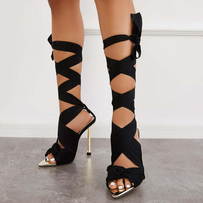 Women Heels Wedding Ribbon Lace Up Ankle Strap Stiletto Sandals Dress High Heels