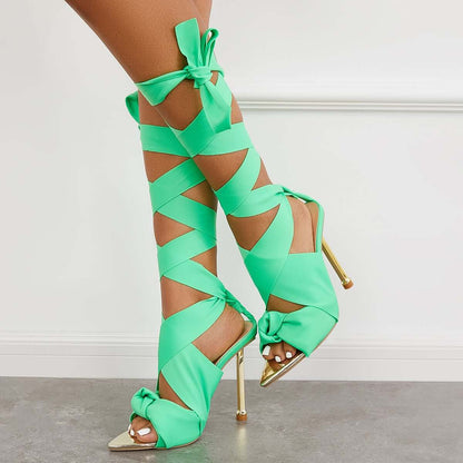 Women Heels Wedding Ribbon Lace Up Ankle Strap Stiletto Sandals Dress High Heels