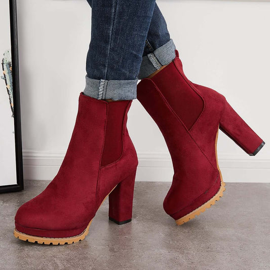 Suede Chunky Platform Heel Ankle Boots Slip-on Chelsea Booties