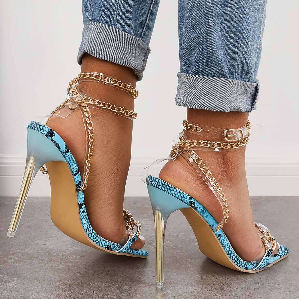 Women Crystal Chain Strap Wedding Heels Stiletto High Heels Dress Sandals Imilybela