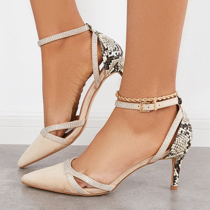 Pointed Toe Stiletto Heels Back Snake Print Ankle Strap Pumps