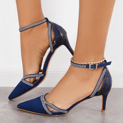 Pointed Toe Stiletto Heels Back Snake Print Ankle Strap Pumps