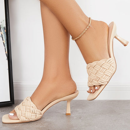 Square Toe Braided Kitten Heel Sandals Woven Heeled Mules