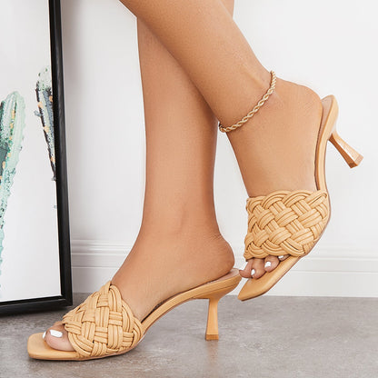 Square Toe Braided Kitten Heel Sandals Woven Heeled Mules