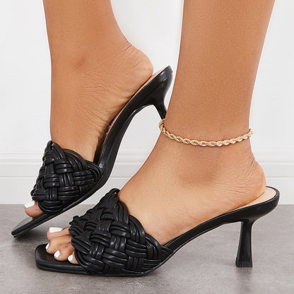 Square Toe Braided Kitten Heel Sandals Woven Heeled Mules