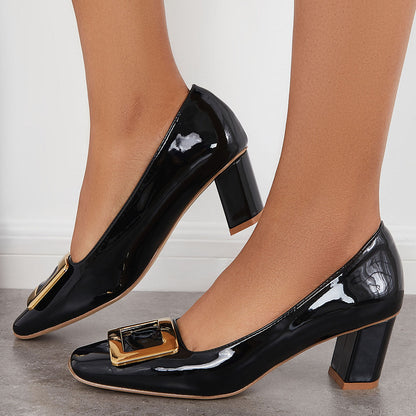 Women Buckle Decor Block Heel Pumps Slip on Square Toe Dress Shoes