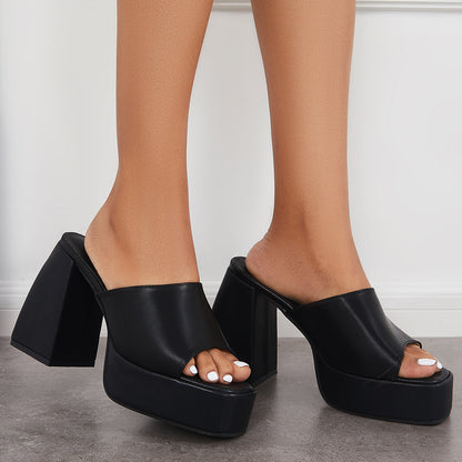 Platform Chunky High Heel Sandals Square Toe Slide Mule Shoes