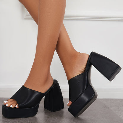 Platform Chunky High Heel Sandals Square Toe Slide Mule Shoes