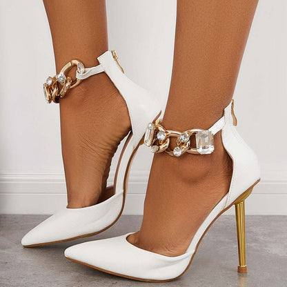 Pointed Toe Stilettos High Heels Rhinestone Ankle Strap Pumps