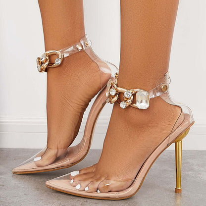 Pointed Toe Stilettos High Heels Rhinestone Ankle Strap Pumps