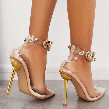 Pointed Toe Stilettos High Heels Rhinestone Ankle Strap Pumps