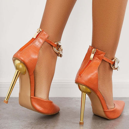 Pointed Toe Stilettos High Heels Rhinestone Ankle Strap Pumps