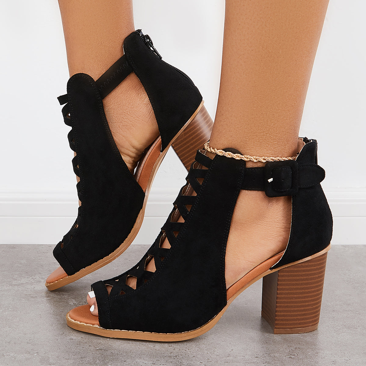 Women Cutout Sandals Casual Black Chunky Heel Sandals