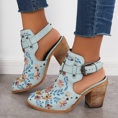 Women's Blue Cutout Sandals Embroidered Chunky Heels Sandals Stacked Ankle Slingback Sandals