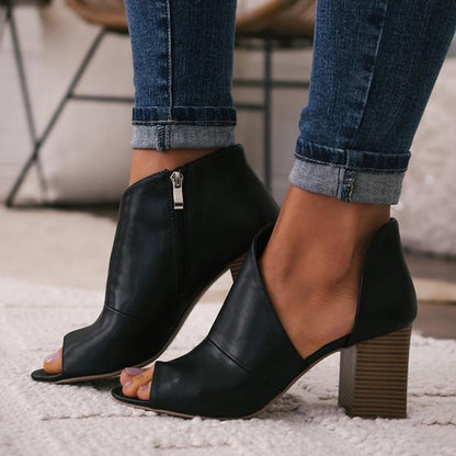 Black Cut Out Peep Toe Pumps Chunky Block Heel Ankle Boots