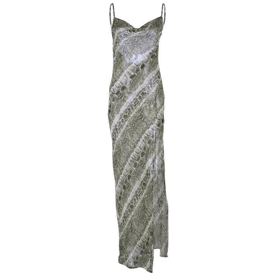 Halibuy Cowl Neck Open Back Snake Print Slit Sheer Maxi Dress