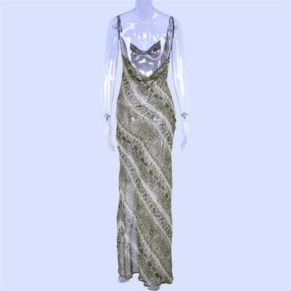 Halibuy Cowl Neck Open Back Snake Print Slit Sheer Maxi Dress