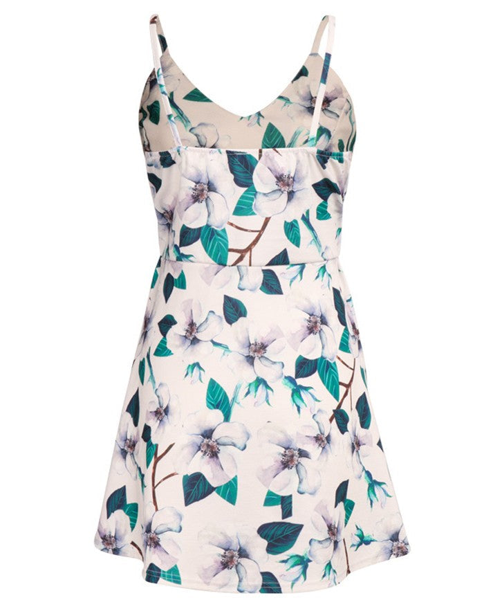 V-Neck Strapless Sleeveless Backless Bandage Print Mini Dress