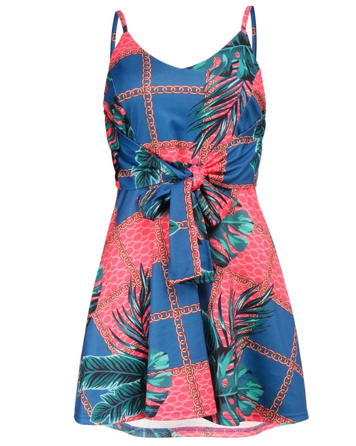 V-Neck Strapless Sleeveless Backless Bandage Print Mini Dress